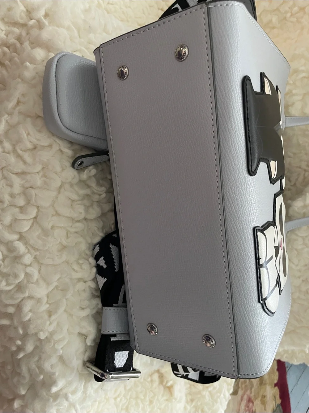 Karl Lagerfeld Light Gray Satchel with Character Patch and Branded Strap